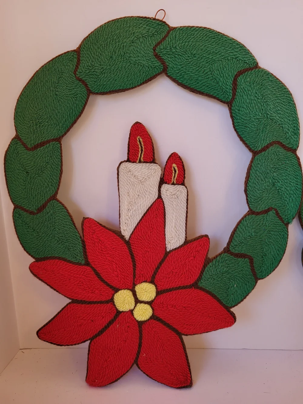 1970s Vintage Huichol Style Mexican Christmas Yarn Poinsettia & Candle Wreath